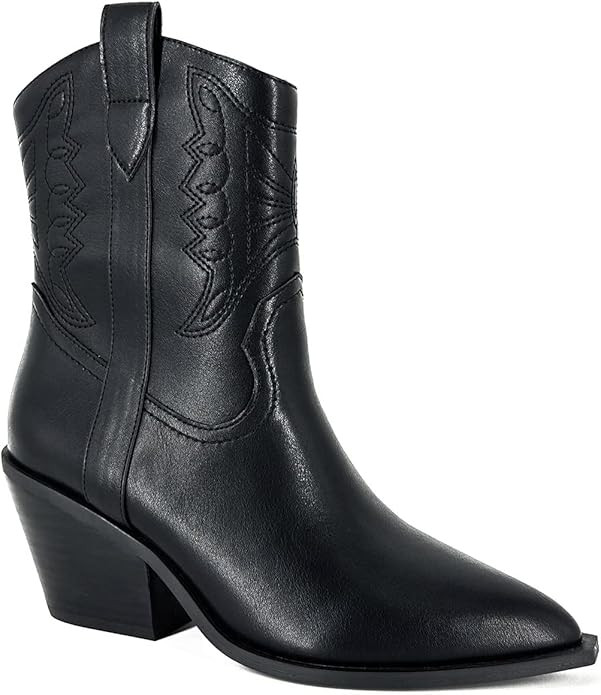 Women's Embroidered Western Cowboy Boots Short Ankle Stitching Cowgirl Boots Medium Heel Stacked ... | Amazon (US)