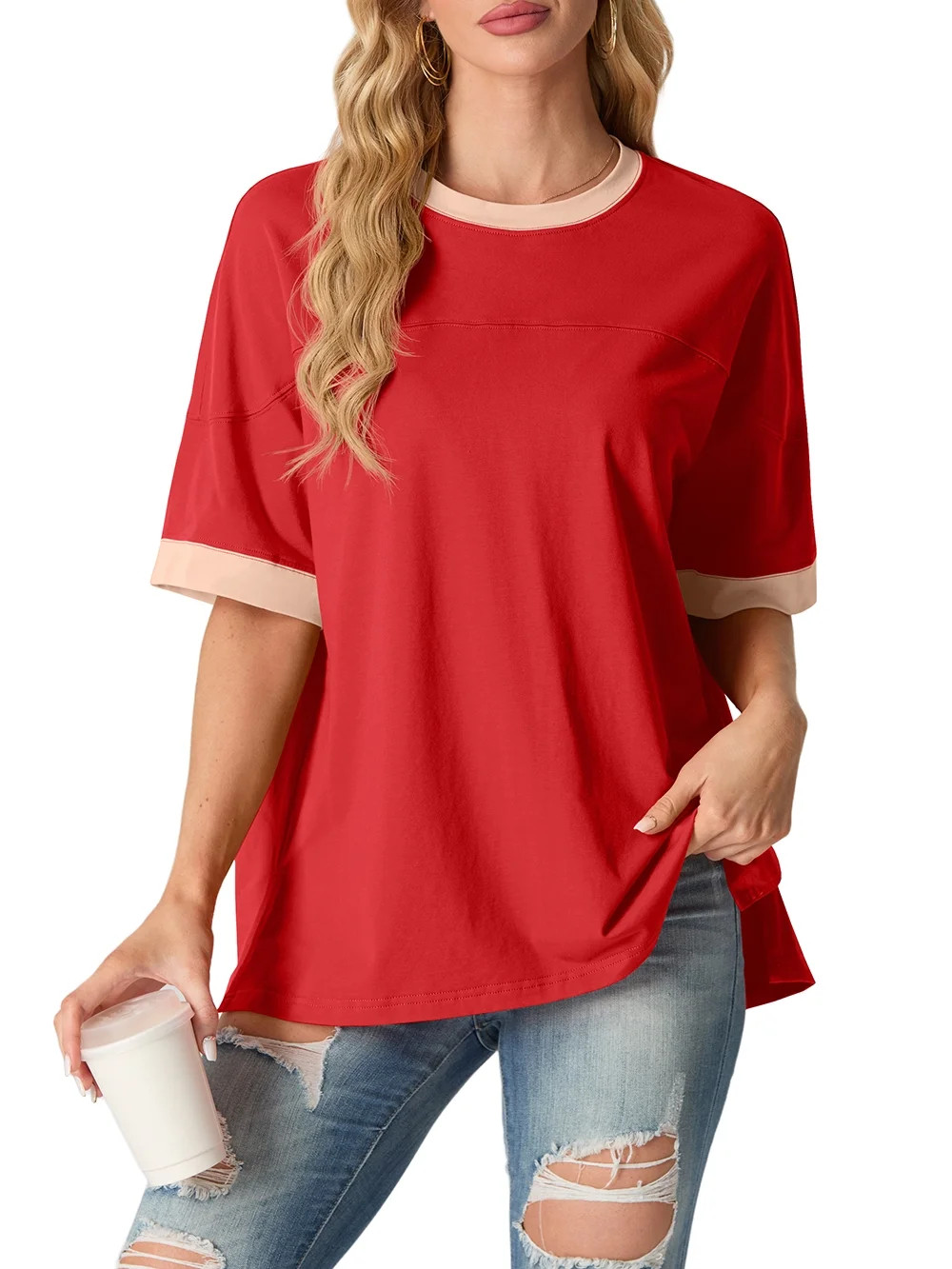 JWD Women's Top Short Sleeved T-Shirt Round Neck Casual Blouses Patchwork Split Hem Tee Top Orang... | Walmart (US)
