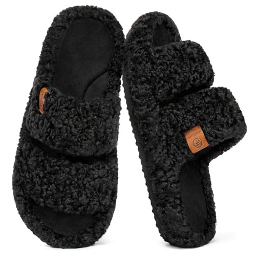 EverFoams Womens Fuzzy Open-toe Slippers Soft Comfy Memory Foam Indoor House Shoes Matt Black,7-8 US | Amazon (US)