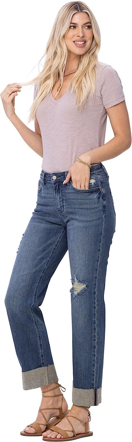 Judy Blue Women's Mid Rise Single Cuffed Straight Leg Dad Jeans 88580 | Amazon (US)
