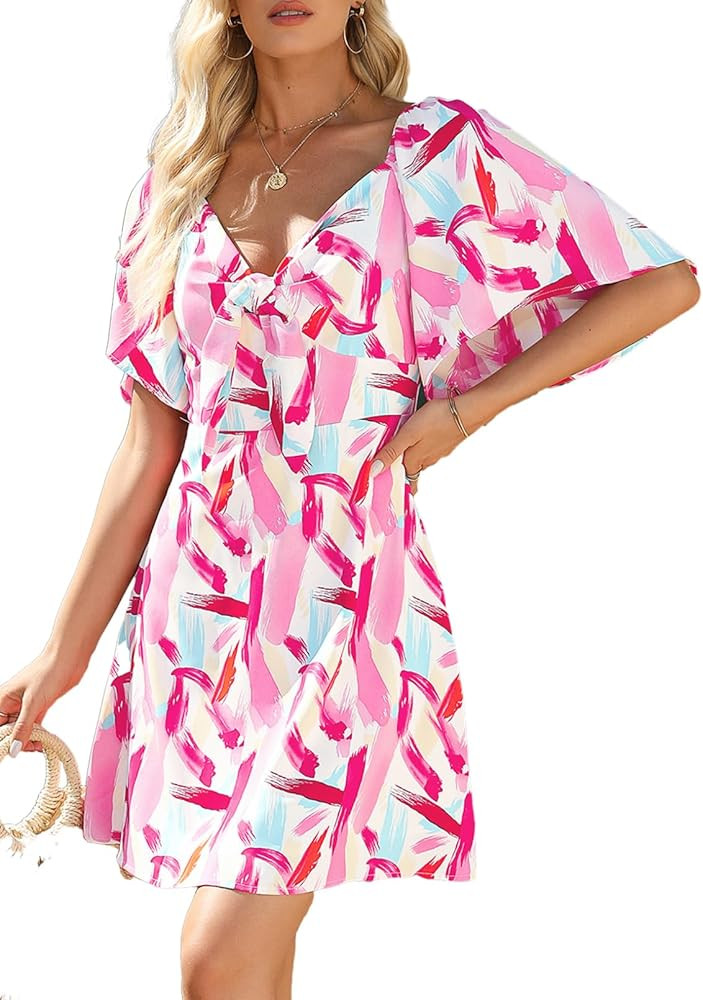 Dokotoo Womens Dresses 2024 Spring Summer Deep V Neck Elegant Bow tie Mini Dress S-XL | Amazon (US)