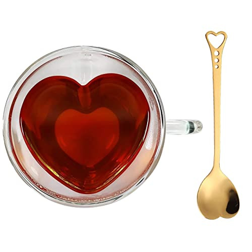 Heart Shaped Cup - Double Walled Insulated Glass Coffee Mug or Tea Cup - Double Wall Glass 8oz (2... | Amazon (US)