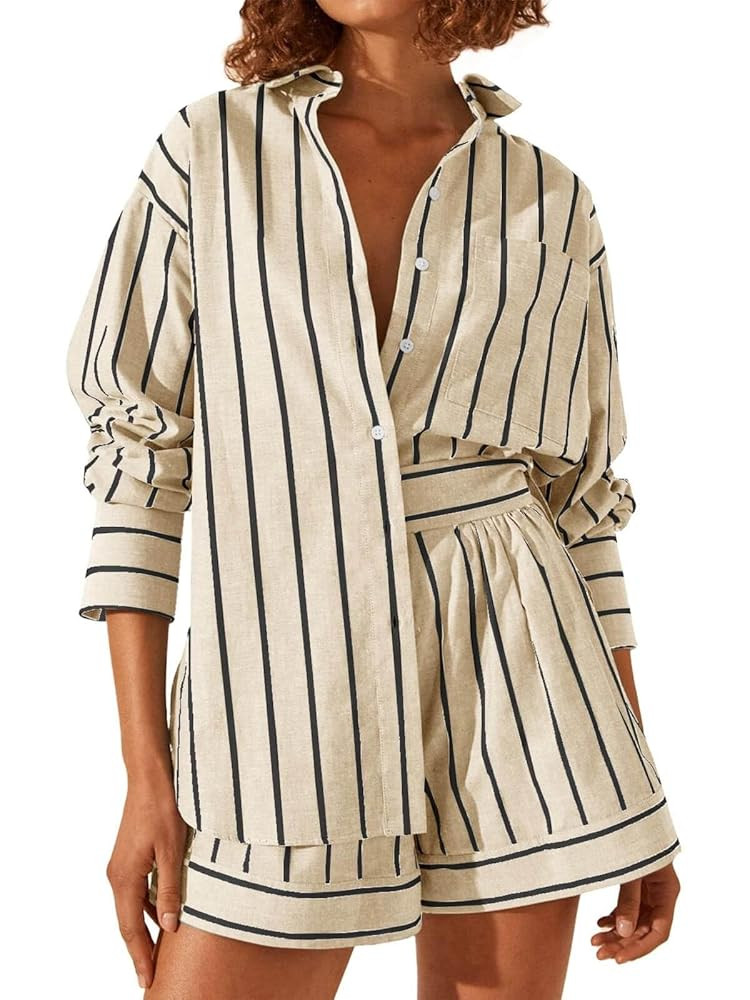 Tankaneo Womens 2 Piece Outfits Striped Long Sleeve Button Down Collared Shirt Matching Shorts Se... | Amazon (US)