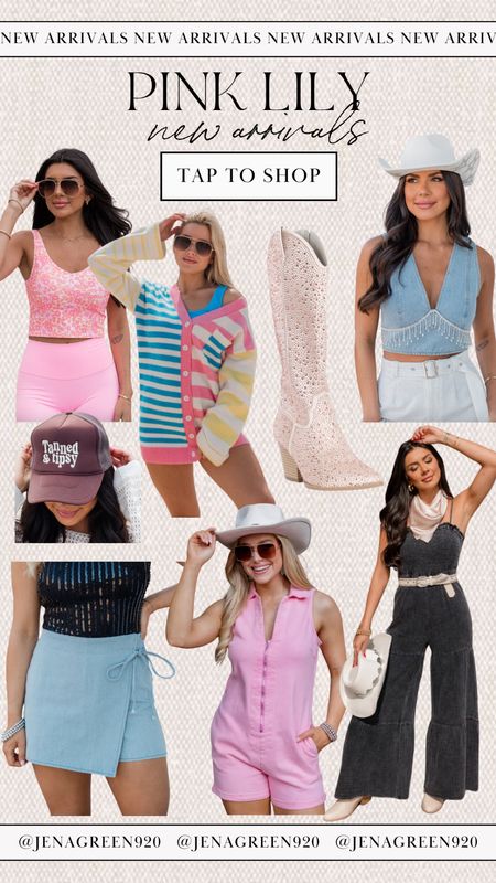 Pink Lily New Arrivals | Rhinestone Denim Top | Country Concert Outfit | Rhinestone Western Boots | Denim Skort | Spring Cardigan | Pink Denim Romper  

#LTKsalealert #LTKfindsunder100 #LTKstyletip