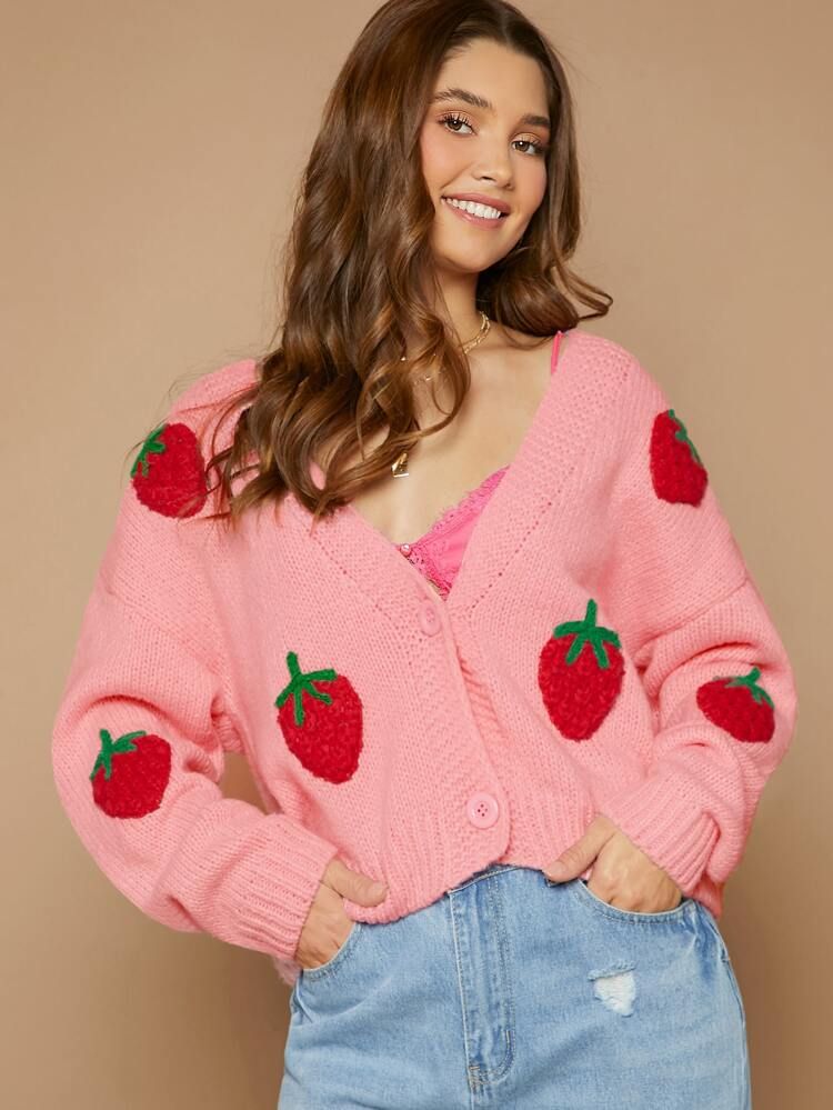 New
     
      Oversized Drop Shoulder Strawberry Pattern Cardigan | SHEIN