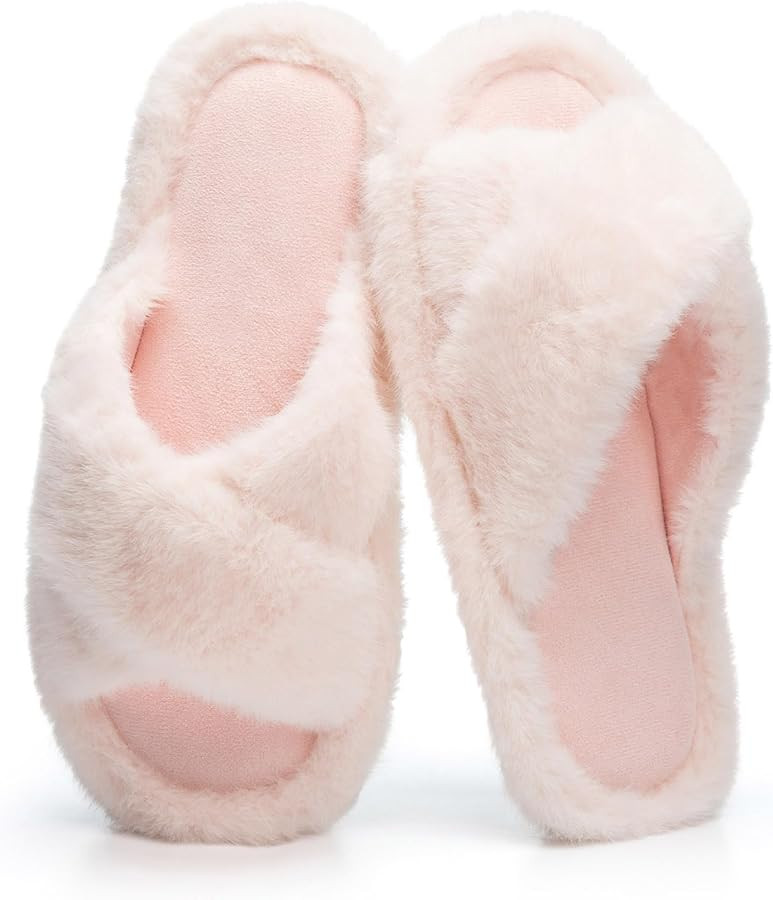 Women's Fuzzy Slippers Cross Band Slippers for Women House Shoes for Women Memory Foam Open Toe Q... | Amazon (US)