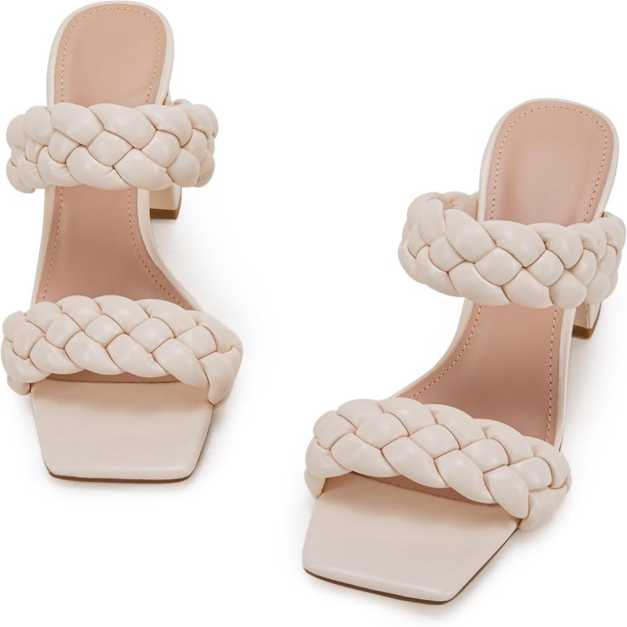 Syktkmx Women's Braided Heeled Sandals Backless Square Open Toe Block Slide Sandals | Amazon (US)
