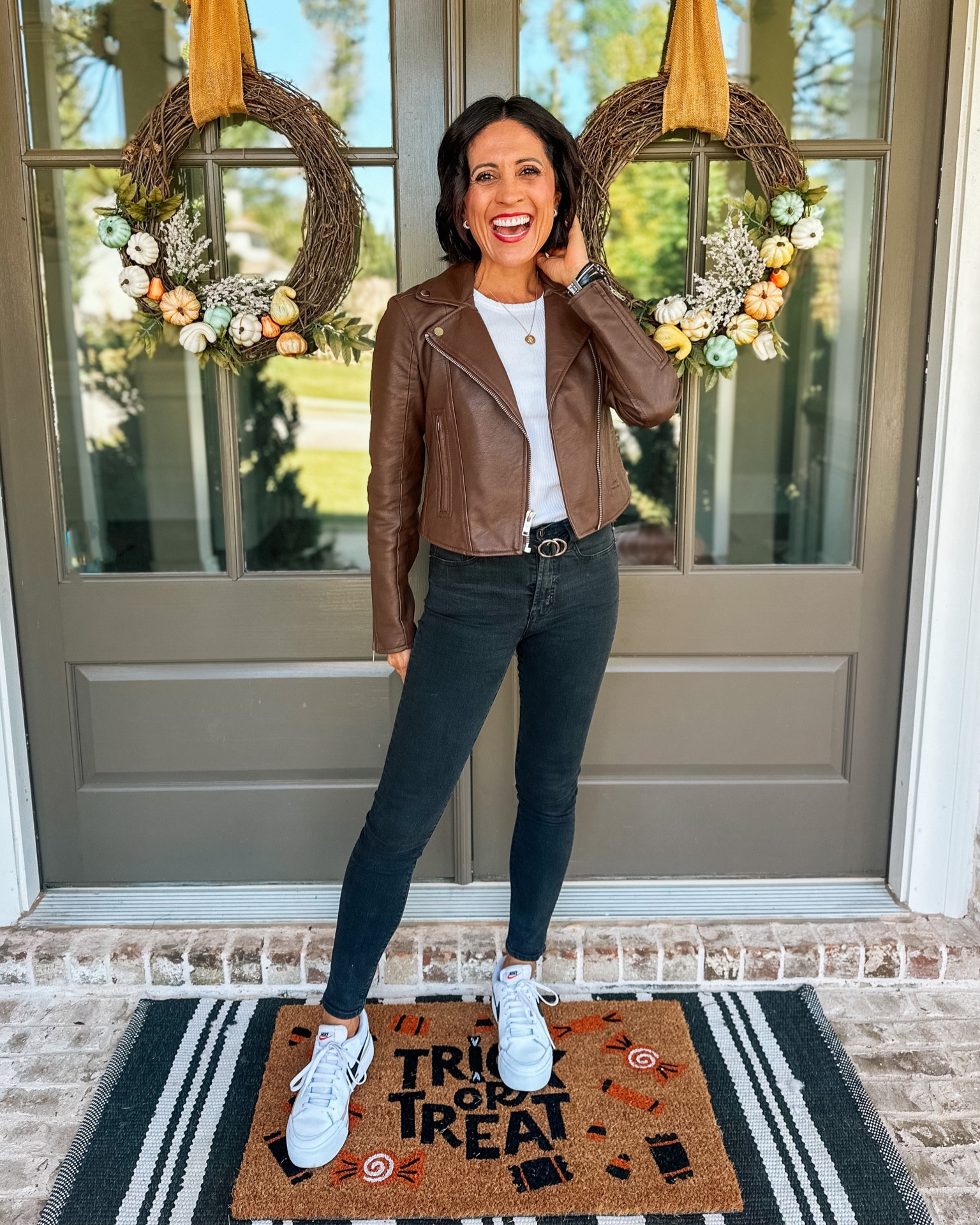 Neutral outfit. Neutral vibes. Leather jacket. Brown leather jacket. Sneakers. Mike’s. Platform sneakers. Black and tan. Fall style. Fall outfit. Jean outfit  

#LTKSeasonal #LTKover40 #LTKstyletip