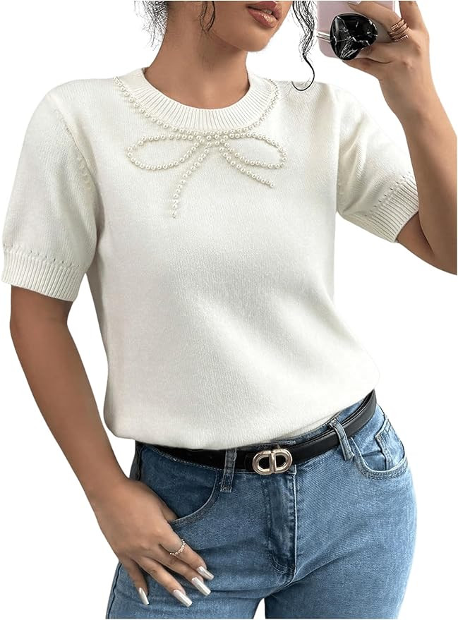 Floerns Women's Cute Pearl Beaded Bow Short Sleeve Knit Pullover Sweater Tops | Amazon (US)