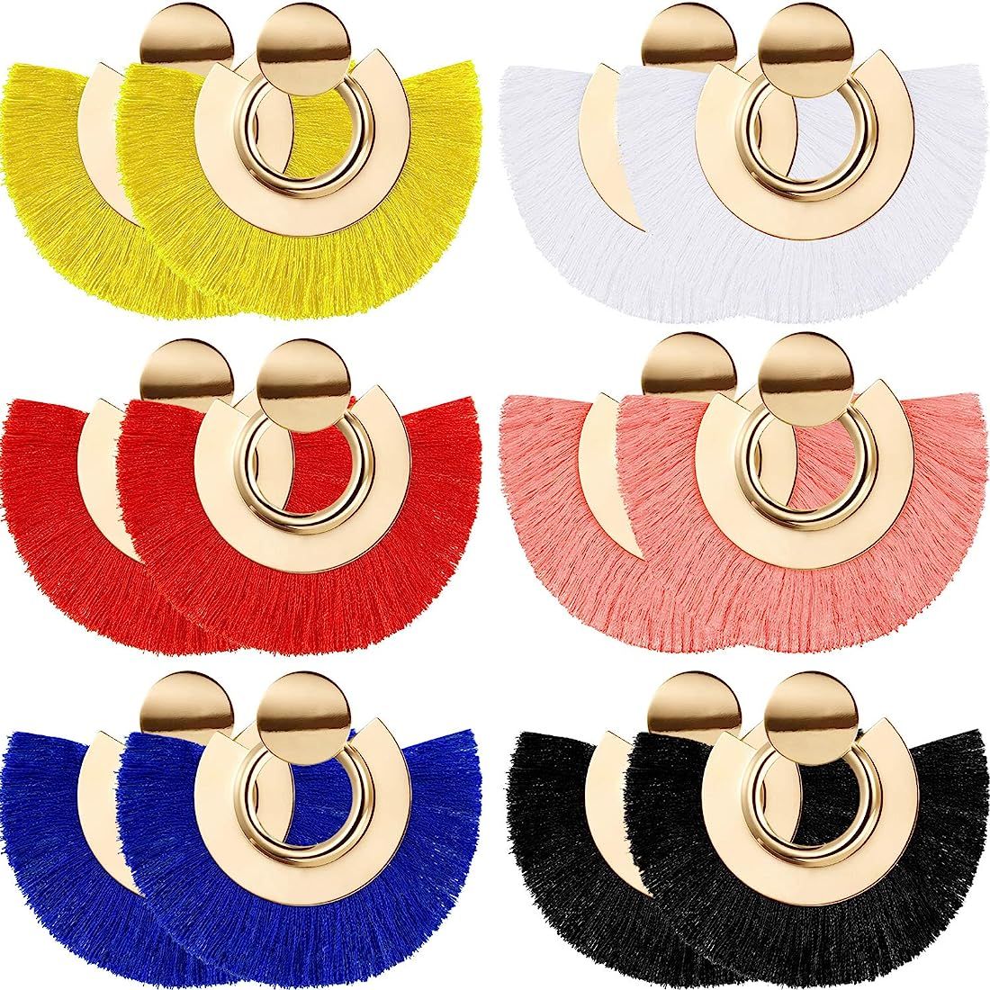 6 Pairs Tassel Dangle Earrings Gold Hoop Fringe Earrings Bohemia Fan-shaped Earrings for Women Gi... | Amazon (US)