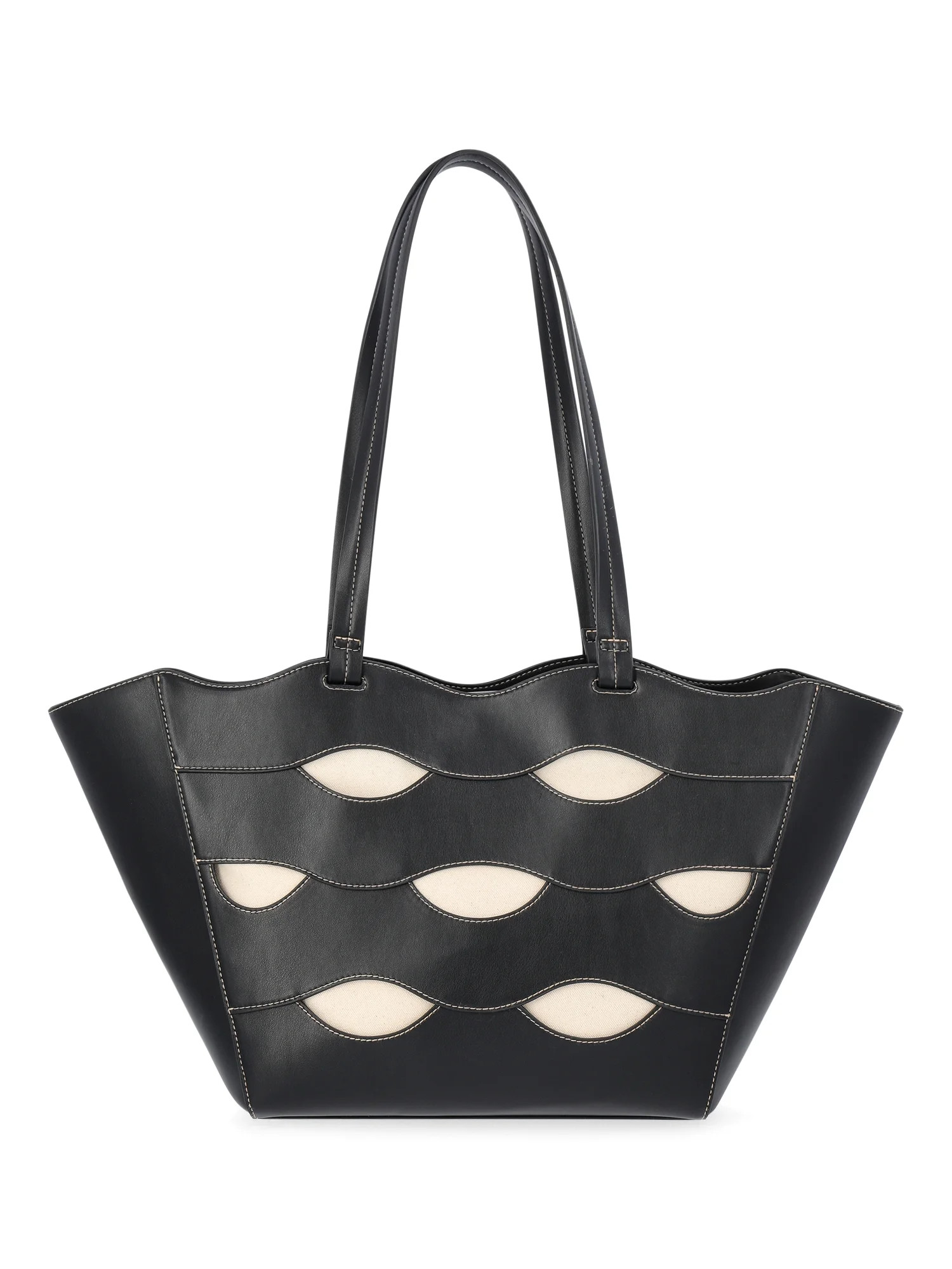 Free Assembly Women's Allegra Faux Leather Cut Out Tote Handbag, Black/Cream | Walmart (US)