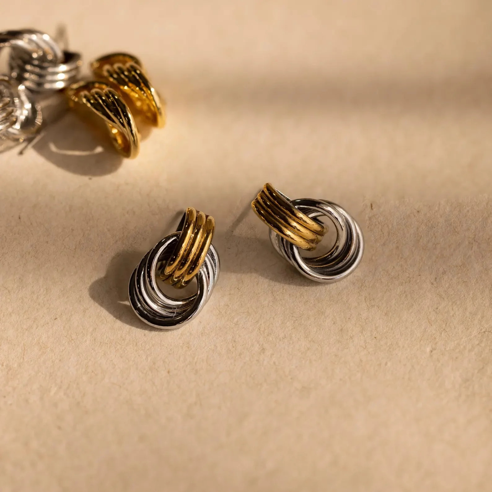 Two Tone Mixed Metal Mini Triple Knot Stud Earrings | Caitlyn Minimalist | Caitlyn Minimalist