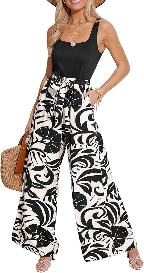 CUPSHE Women's Romper Square Neck Sleeveless Belted Pocket Wide leg Maxi Outfit Casual Dressy | Amazon (US)