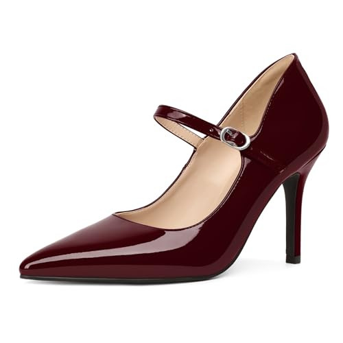 YODEKS Womens Mary Jane Heels High Heels Pumps Pointed Toe Stilettos Heels Adjustable Ankle Strap Dress Shoes Burgundy US Size 7.5 | Amazon (US)
