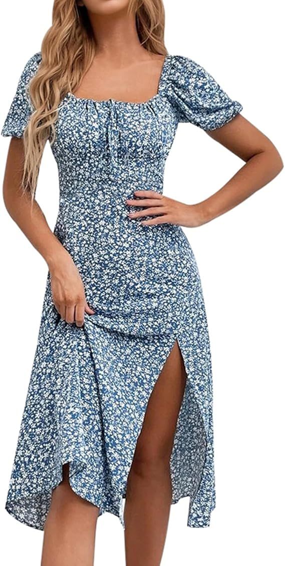 SPRIME Women's Floral Summer Casual Dress Square Neck Puff Sleeve Boho Midi Dresses Ruched Bust H... | Amazon (US)