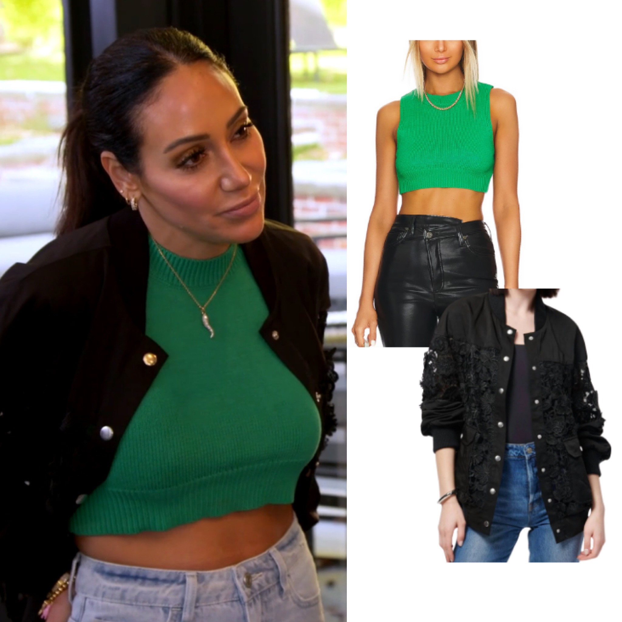 Melissa Gorga’s Green Crop Top + Black Lace Bomber Jacket