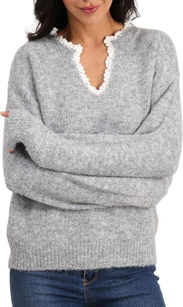 Women’s V Neck Sweater with Lace Trim, Long Sleeve Soft Knit Pullover Top Casual Fall Winter Ou... | Amazon (US)