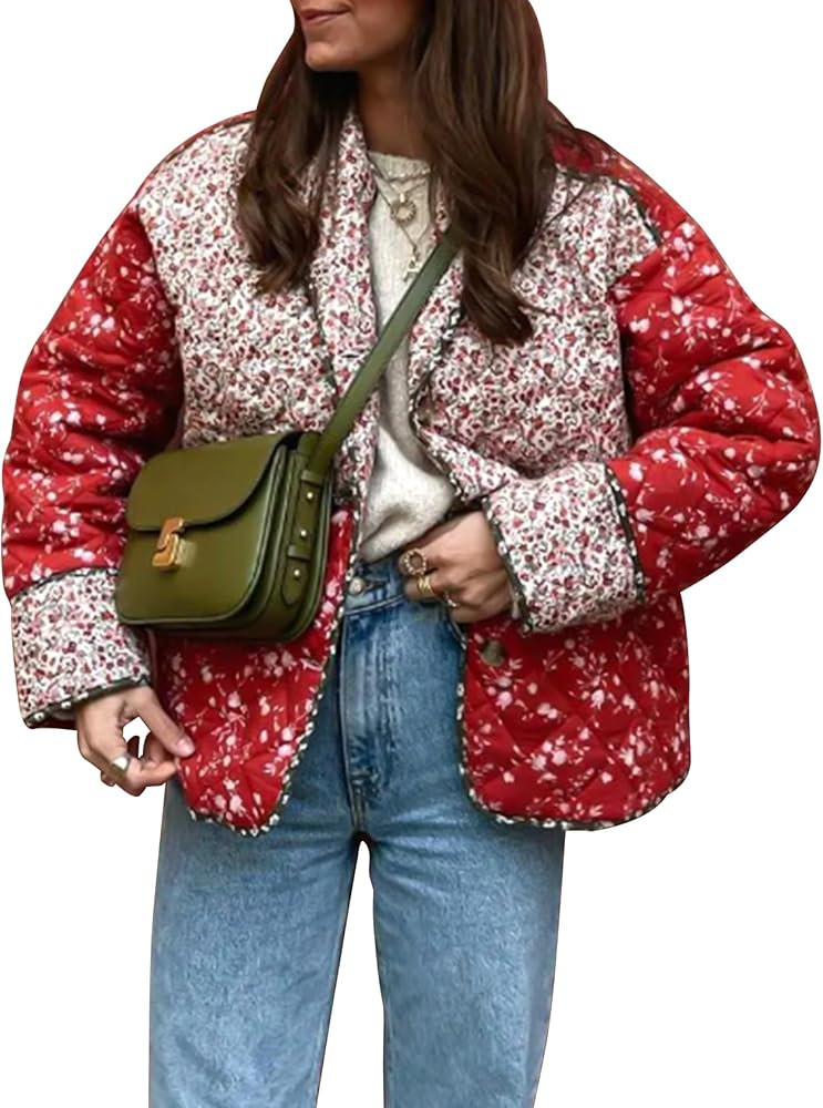 Women Floral Printed Quilted Jacket Colorblock Lightweight Padded Jacket Puffer Coat Outwear | Amazon (US)