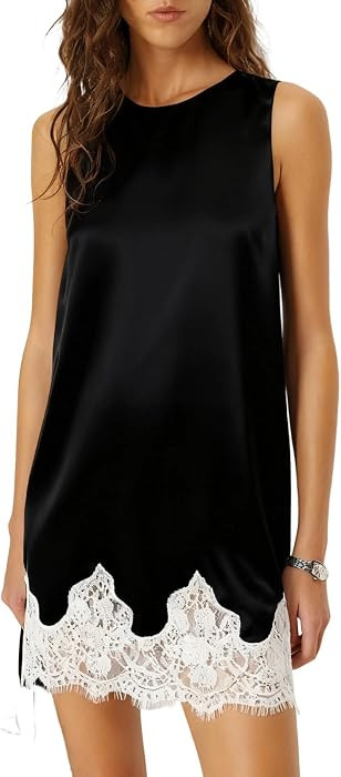 Women Silk Lace Slip Dress Satin Casual Loose Tank Dress Sleeveless Crew Neck Long Flowy Top Eleg... | Amazon (US)