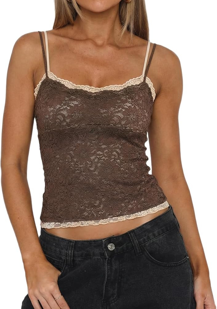 QINSEN Women's Double Layer Lace Camisole Tank Scoop Neck Summer Y2k Going Out Trendy Cami Shirt | Amazon (US)