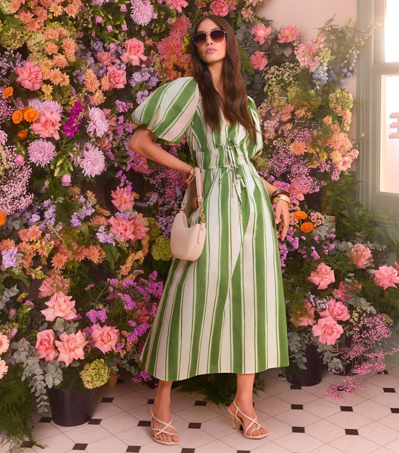 Green Striped Puff Sleeve Midi Dress | New Look | New Look (UK)