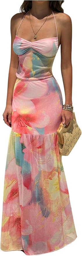 Floerns Women's Floral Mesh Halter Backless Boho Maxi Dress Spaghetti Strap Vacation Long Dresses | Amazon (US)