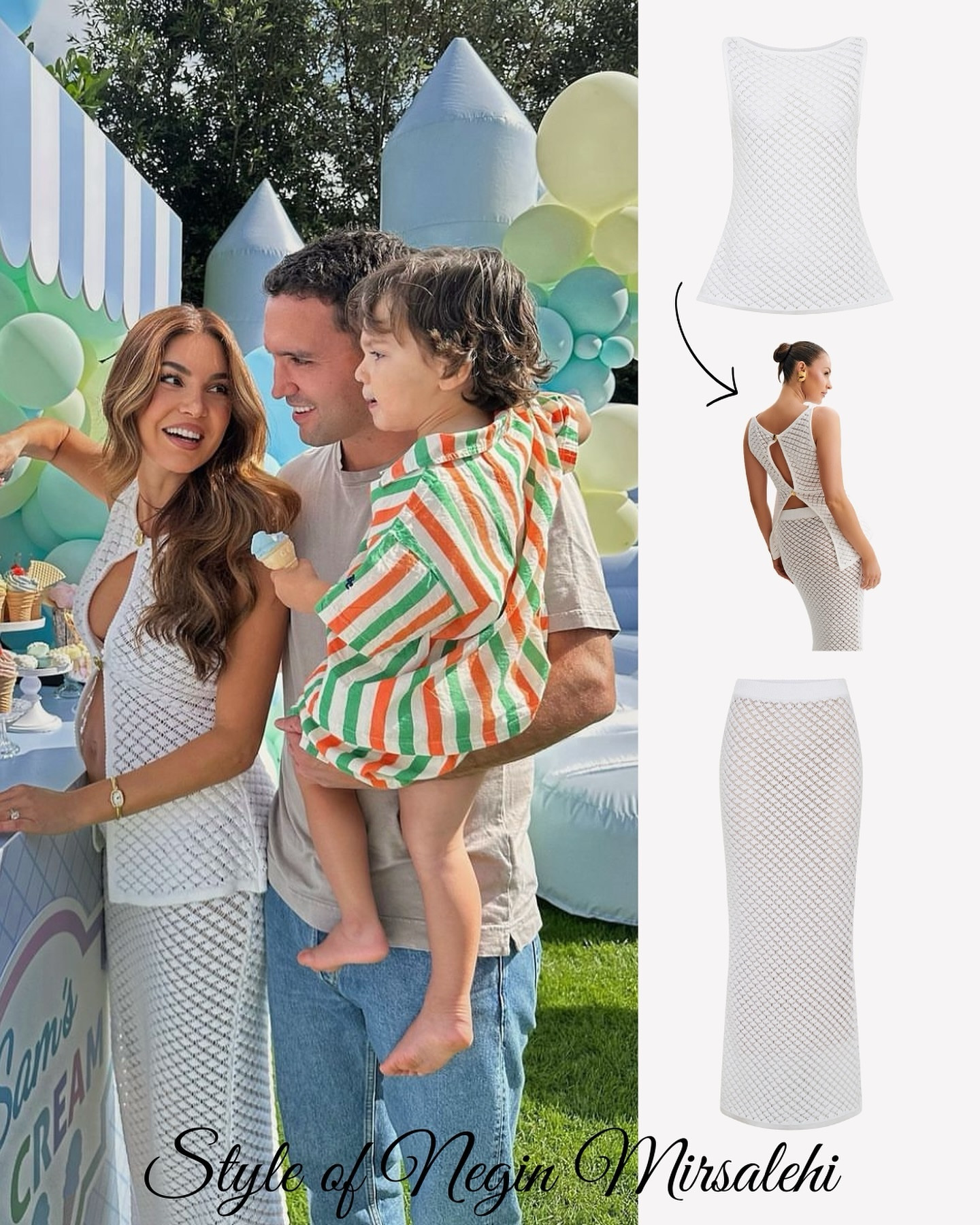 @negin_mirsalehi via her instagram for Sam’s birthday party 🥹🤍🩵
#neginmirsalehi is wearing 
- @meshki Guiliana Sleeveless Knit Top in Ivory ($75) (wearing it the other way round) 
- @meshki Guiliana Knit Maxi Skirt in Ivory ($95)
- @aeyde Sandi Leather Sandals ($375)
- @cartier Baignoire Watch ($11,800)