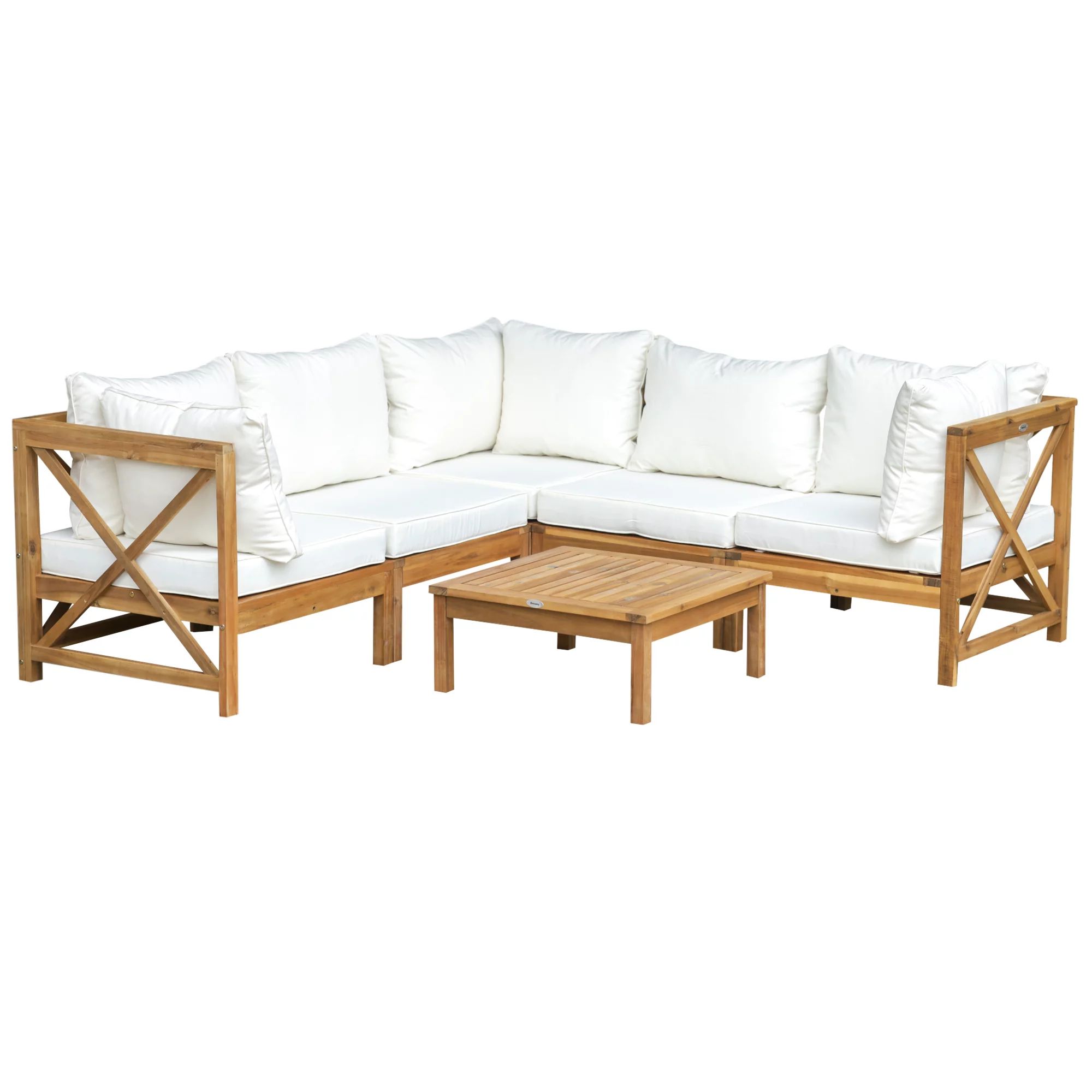 Outsunny 6-Piece Wooden Patio Sofa Sectional Set with Modular Design, Coffee Table, & 8 Pillows I... | Walmart (US)