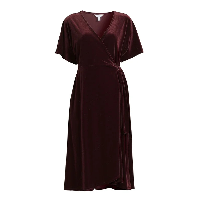 Time and Tru Women's Velvet Wrap Midi Dress with Short Sleeves, Sizes XS-XXXL | Walmart (US)