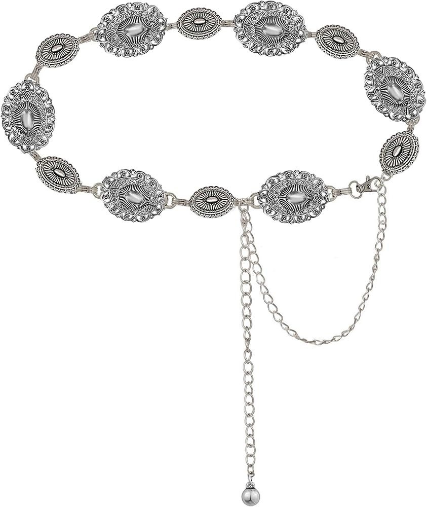 Western-Concho-Belt-Women Cowgirl-Metal-Belts Boho Silver Vintage Turquoise Chain Belt for Dress ... | Amazon (US)
