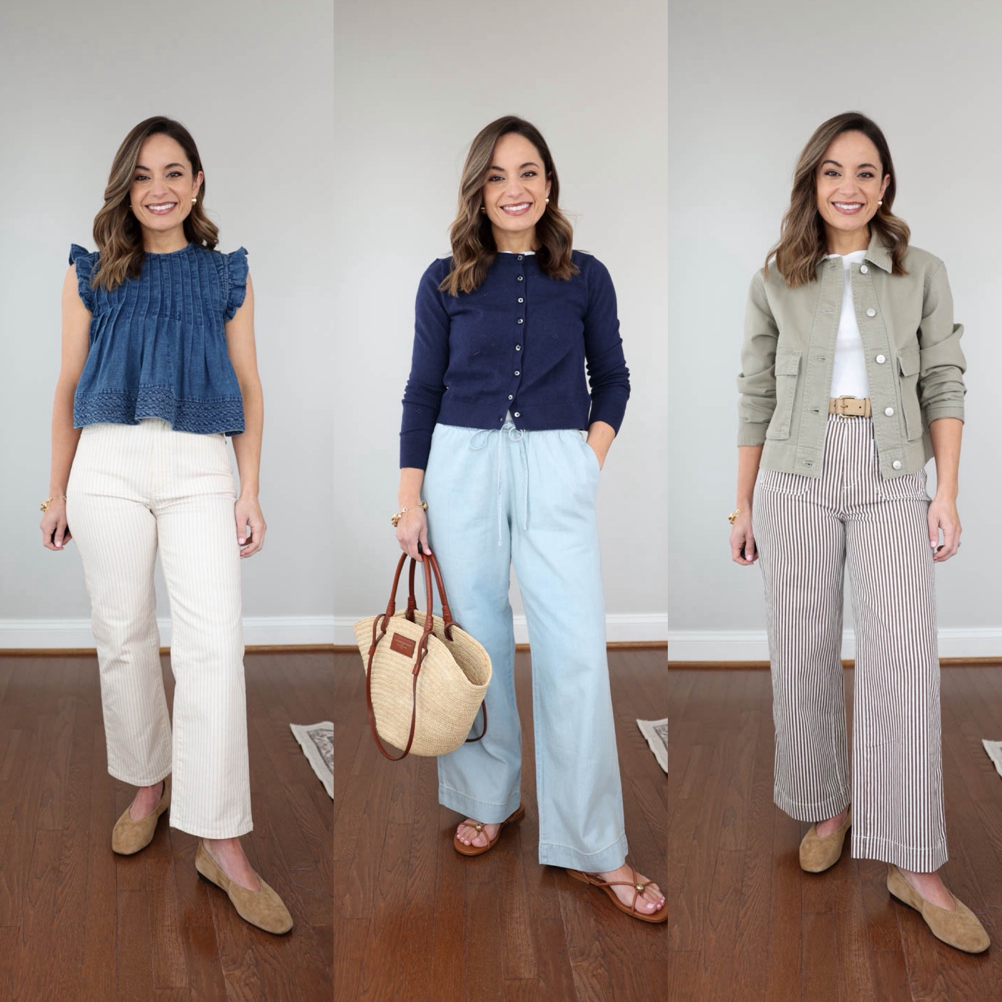 Recent Reels outfits in one place! 

A mini capsule wardrobe for work with ten items
 
Navy Pants (BR Factory): petite xxs / tts / 10” rise, 27.5” inseam 
Brown Pants (BR): xs / size up / 10” rise, 26.5” inseam also offered in petite for a shorter option 
Skirt (Amazon): small in “dark gray” 
Tank Top (WHBM):  xxs in pumice 
Light Blue Sweater (JC Factory): xxs 
Blue Top (Kohl’s): petite xs 
Brown Stripe (LOFT): petite xxs / oversized
Taupe (WHBM): petite 00 
Plaid (Ann Taylor): petite 00 
Trench coat  (J.Crew): petite 00 

Spring Pants for Petites 

PAIGE Anessa: petite 24 - 10.5” rise, 25.5” inseam. TTS 
Denim top (Anthropologie): xxs 
LOFT Palmer: petite xxs/00 - 10.5” rise, 25.5” inseam. These run a little large with stretch. Size down if in between sizes. 
Jacket (LOFT): petite xxs 
BR Factory White Jeans: petite 24 - 10” rise, 27.5” inseam. TTS but they stretch with wear. 
Top (LOFT): petite xxs 
LOFT Sawyer Pants: petite xxs - 9” rise, 27” inseam. TTS 
White tank top (Quince): xs 

Mini spring capsule 

Dark Jeans (Quince): 24 x 28” in midnight blue 
White jeans (BR Factory): petite 24 - 10” rise, 27.5” inseam 
Navy pants (Aritzia): xxs short - 28” inseam 
White t-shirt (Quince): xs 
Striped top (LOFT): petite xxs 
Denim top (J.Crew Factory): petite xxs 
Beige sweater (Quince): xs in speckled beige 
Sneakers (Gola): tts 
Flats (Madewell): tts 
Sandals (DV): tts 

Spring dresses 

Light blue floral dress (Anthropologie): petite xxs, tts 
Blue and white dress (Walmart): xs - a little roomy 
Light blue eyelet dress (LOFT): petite xxs - runs large, size down 
Light green dress (Amazon): xs - tts but my dress possibly only in this color is 2” shorter than the size chart. (44” in xs) 
Yellow floral dress (Anthropologie): xs - xxs would be a better fit for me. Runs large at the chest. 
Purple dress (LOFT): petite xxs - runs large at the waist, recommend a size down. 