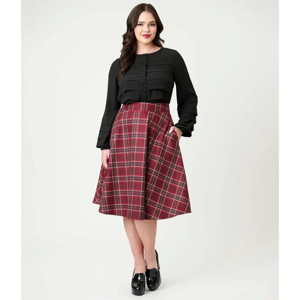 Unique Vintage Retro Style High Waist Vivien Swing Skirt in Burgundy Plaid at Nordstrom, Size Small | Nordstrom
