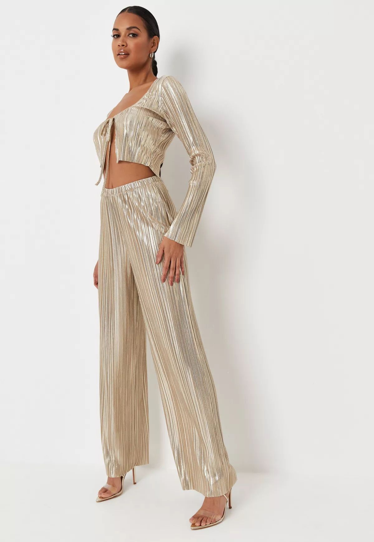 Missguided - Gold Co Ord Metallic Plisse Wide Leg Pants | Missguided (US & CA)