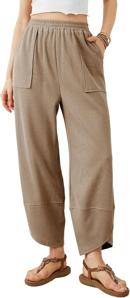 Womens Baggy Wide Leg Pants Summer Casual Elastic Waist Palazzo Harem Pants with Pockets | Amazon (US)