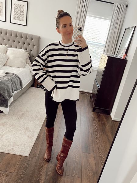 Fall outfit - striped oversized sweater - black skinny jeans - western boots riding boots brown boots 

#LTKSeasonal