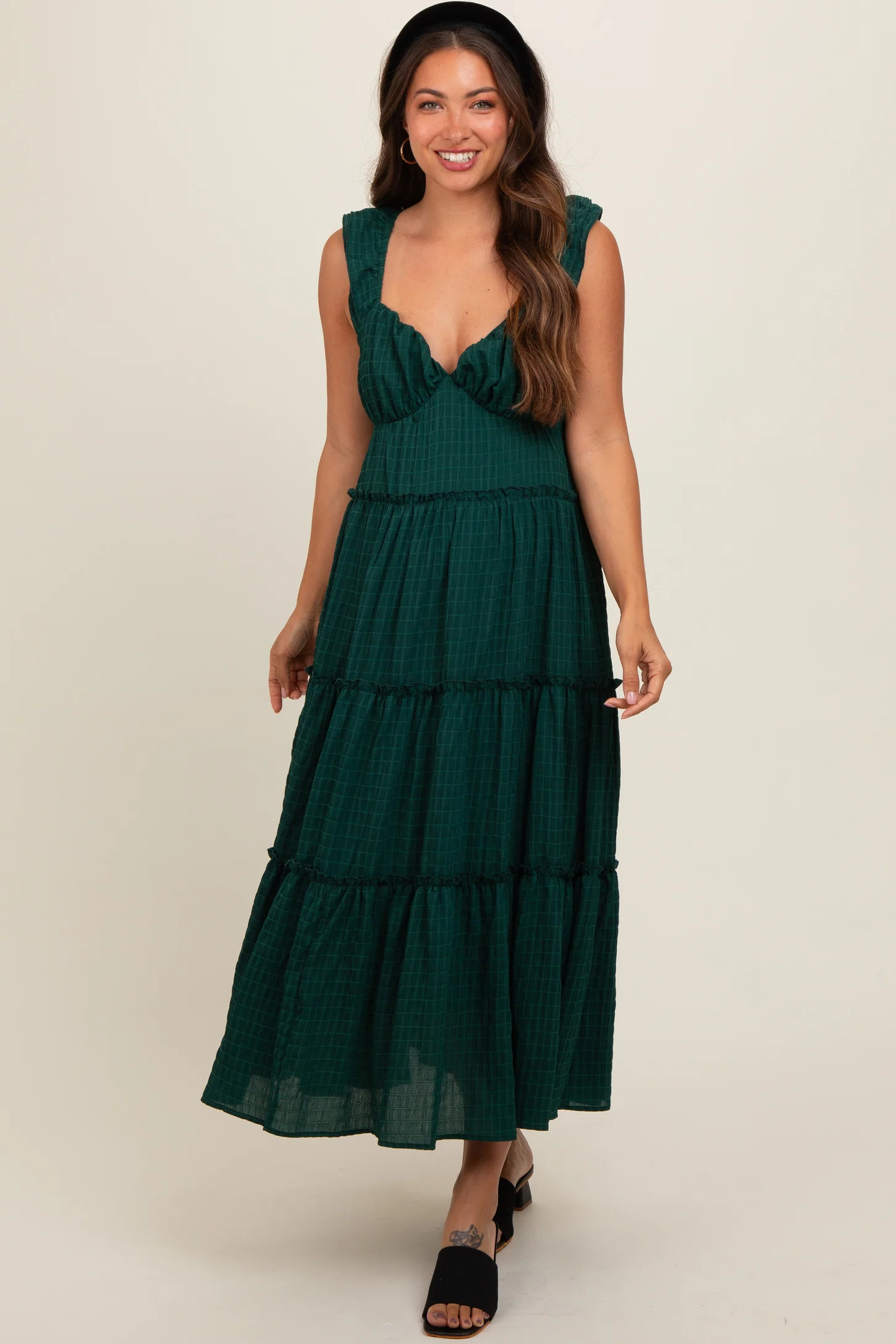 Forest Green Textured Tiered Maternity Midi Dress | PinkBlush Maternity