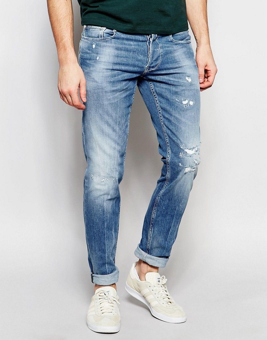 Replay Jeans Thyber Slim Fit Light Wash Rip Repair Detail | ASOS UK