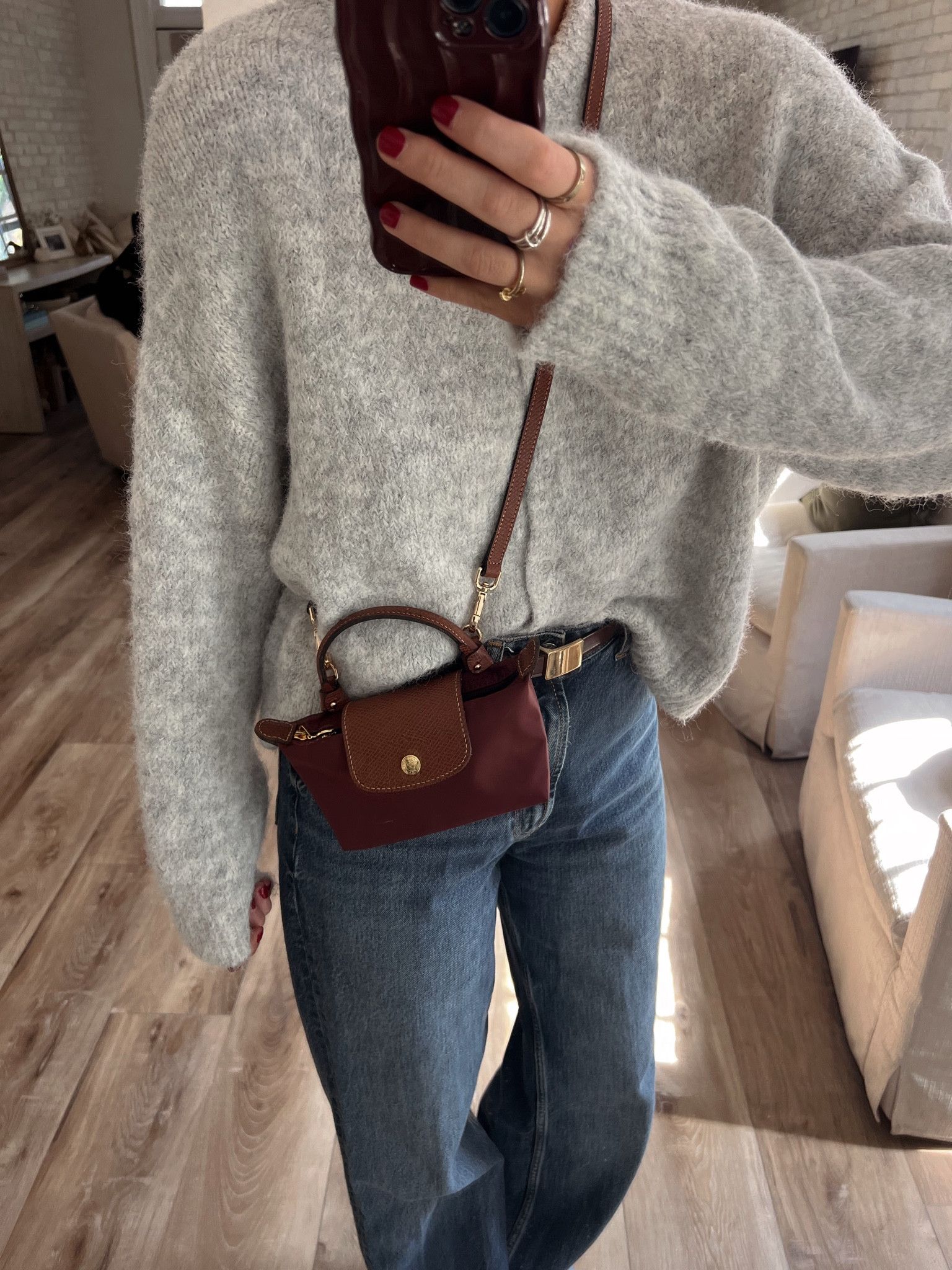 burgundy long champ mini pliage & amazon strap! cardigan is also linked - sized up 1 size to a large. Purchased on the UK UO site for reference! 

#LTKFallSale #LTKStyleTip #LTKSeasonal