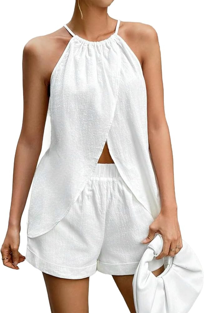 Women Halter Neck Slit Top and Shorts Set Sexy Summer Sleeveless 2 Piece Outfits | Amazon (US)