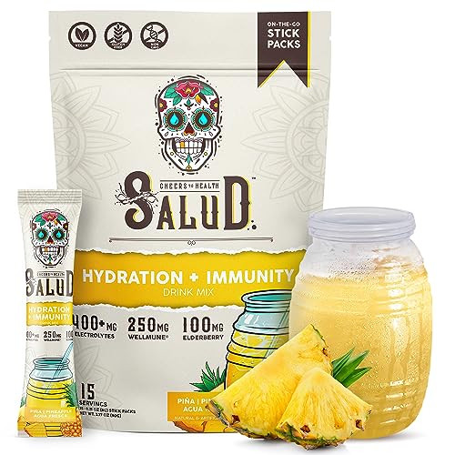 Salud 2-in-1 Hydration Packets + Immunity Electrolytes Powder, Pineapple - Agua Fresca Drink Mix, Elderberry, Dairy & Soy Free, Non-GMO, Gluten Free, Vegan, Low Calorie, 1g Sugar (15 Servings) | Amazon (US)