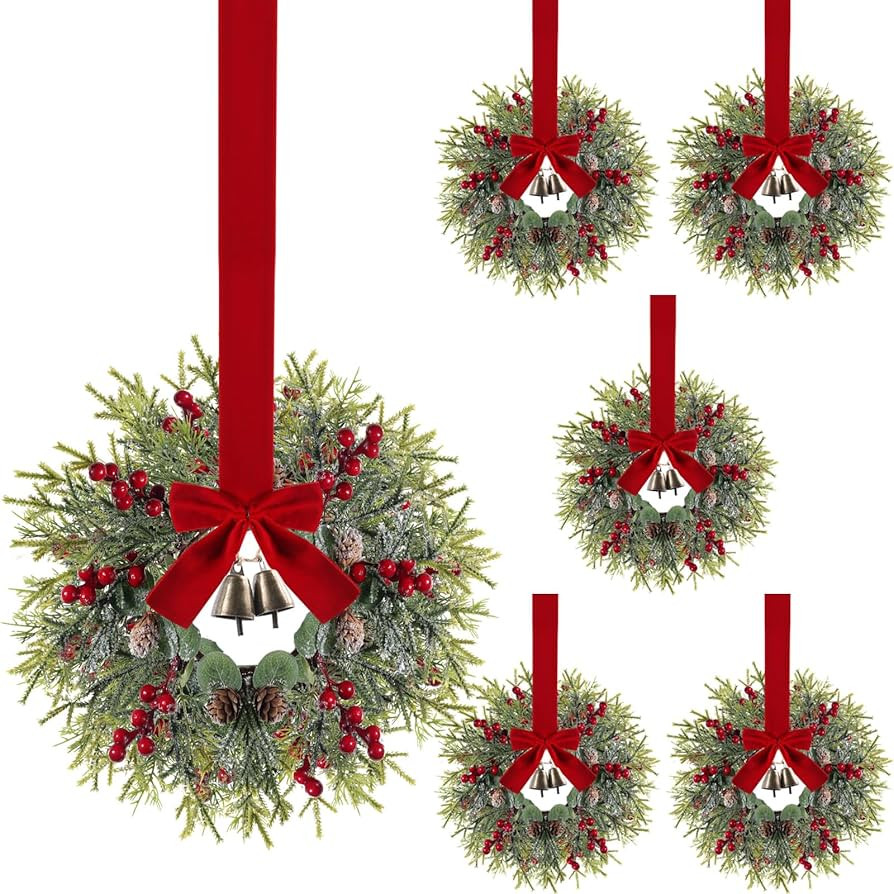6PC Christmas Kitchen Cabinet Wreaths with Ribbon 13'' Small Christmas Wreath Decorations with Be... | Amazon (US)