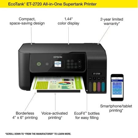 Epson EcoTank ET-2720 Wireless All-in-One Color Supertank Printer - Black | Walmart (US)