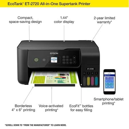 Epson EcoTank ET-2720 Wireless All-in-One Color Supertank Printer - Black | Walmart (US)