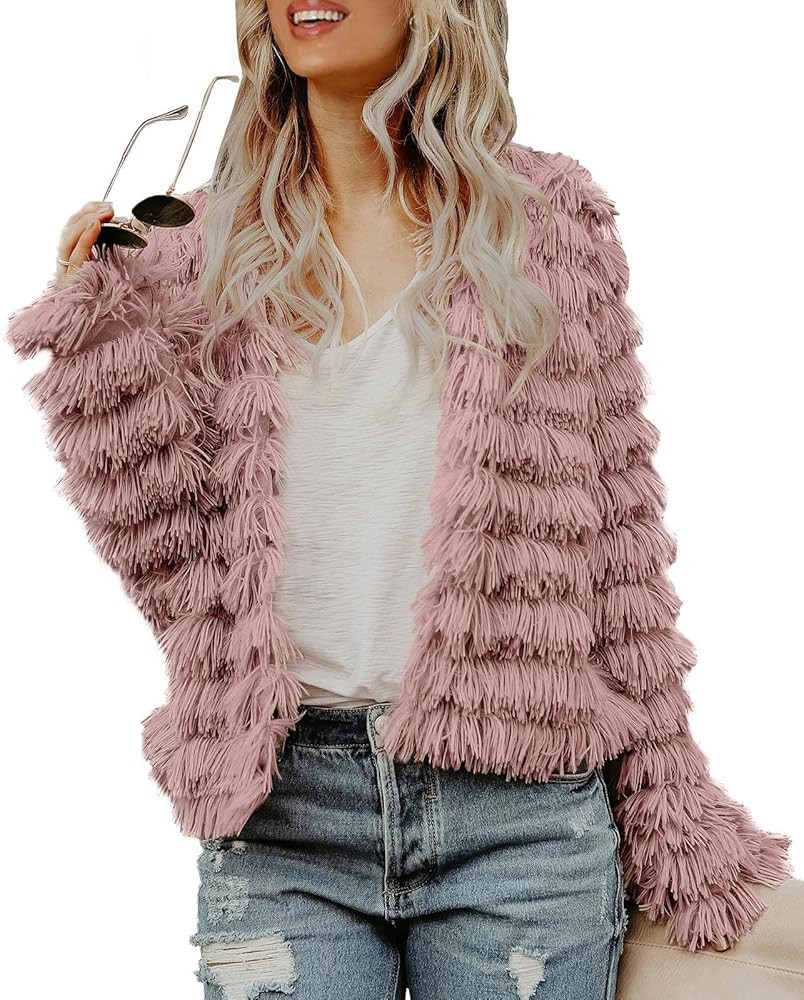 Womens Open Front Faux Fur Cardigan Vintage Parka Shaggy Jacket Coat | Amazon (US)