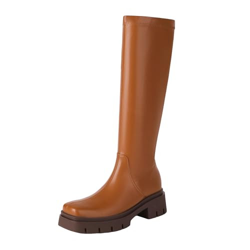 vivianly Women's Chunky Heel Knee high Boots Zipper Square Toe Platform Booties Brown Size 12 | Amazon (US)
