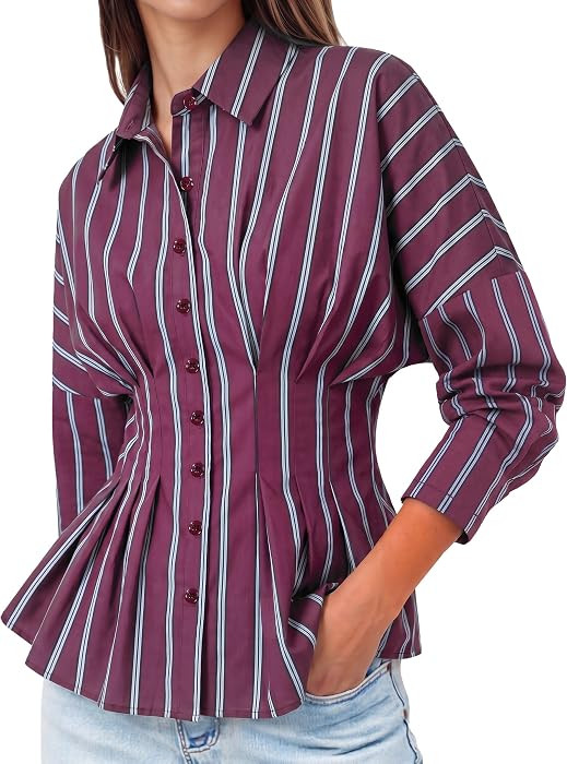 Tankaneo Womens Striped Button Down Shirt Cinched Waist Office Blouse | Amazon (US)