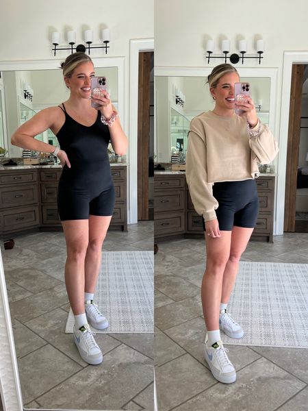 Lululemon romper dupe restocked!!!! Buttery soft, so stretchy, & very comfy. Sized up 1 to the L! 
Wearing w my fav cropped sweatshirt from amazon. So soft and comfy. Sized up 2 to the XL for an oversized fit. 
Nike platforms TTS & v comfy 


#LTKunder50 #LTKFind #LTKfit