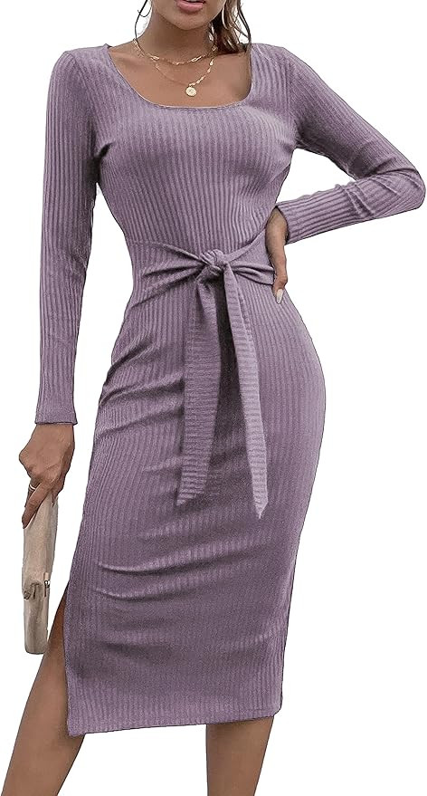 PRETTYGARDEN Women's Long Sleeve Square Neck Slit Bodycon Sweater Dress Tie Waist Ribbed Slim Fit... | Amazon (US)