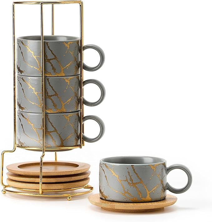 LUKA 6 Ounce Porcelain Stackable Espresso Cups with Saucers and Metal Stand Set of 4, Ceramic Cap... | Amazon (US)