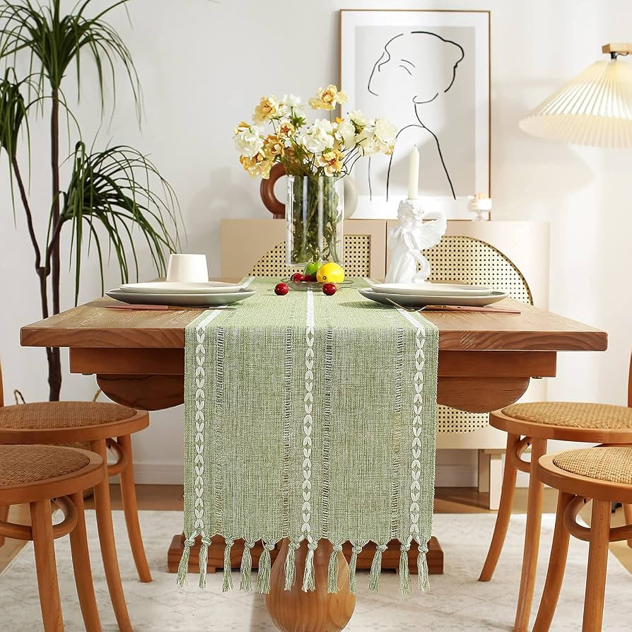 Chassic Rustic Farmhouse Style Linen Table Runner, Boho Handmade Tassel Embroidered Table Runners... | Amazon (US)
